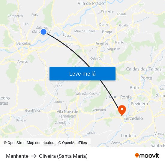 Manhente to Oliveira (Santa Maria) map