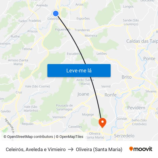 Celeirós, Aveleda e Vimieiro to Oliveira (Santa Maria) map