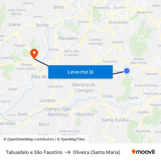Tabuadelo e São Faustino to Oliveira (Santa Maria) map