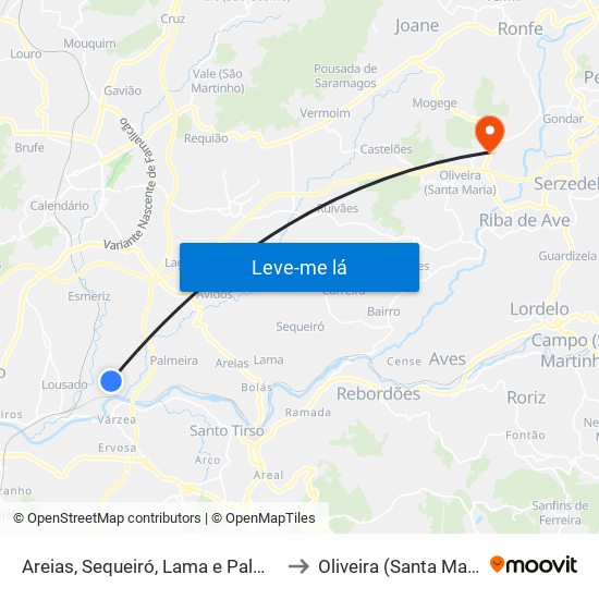 Areias, Sequeiró, Lama e Palmeira to Oliveira (Santa Maria) map