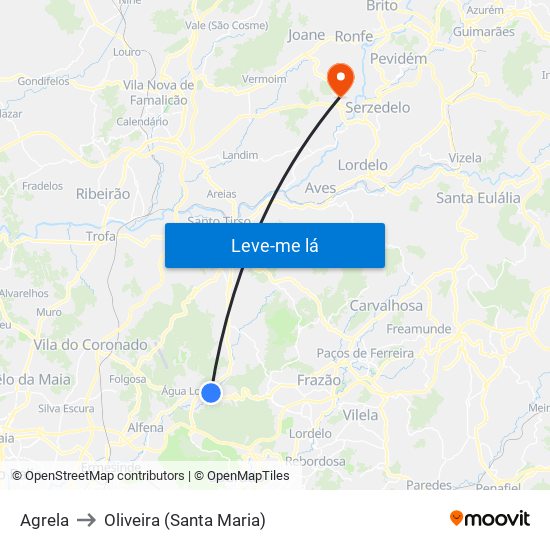 Agrela to Oliveira (Santa Maria) map
