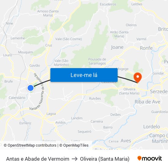 Antas e Abade de Vermoim to Oliveira (Santa Maria) map