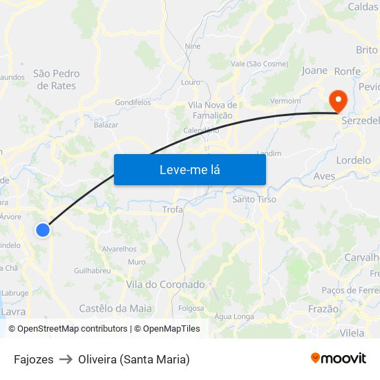 Fajozes to Oliveira (Santa Maria) map