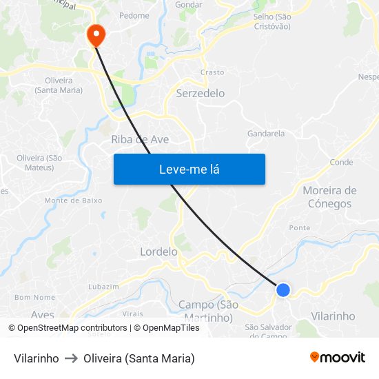 Vilarinho to Oliveira (Santa Maria) map