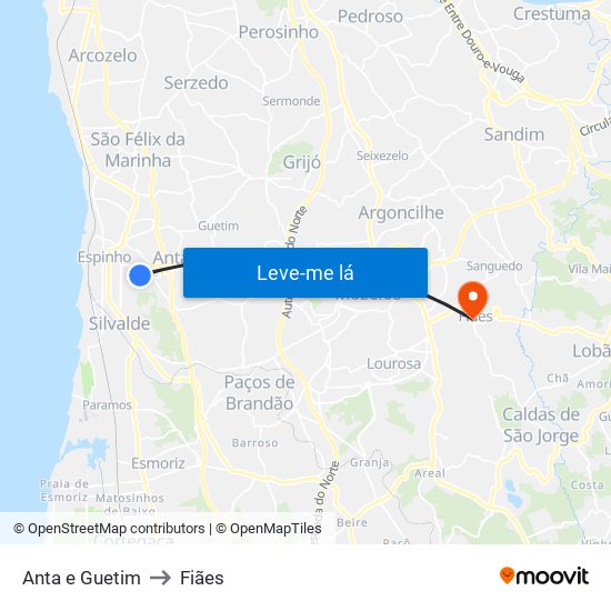 Anta e Guetim to Fiães map
