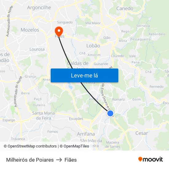 Milheirós de Poiares to Fiães map