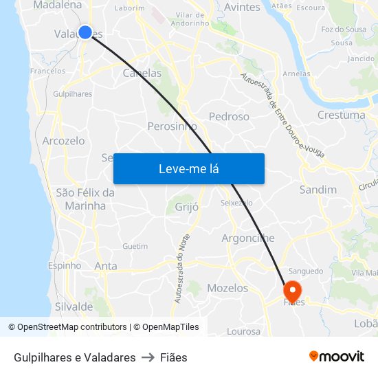 Gulpilhares e Valadares to Fiães map