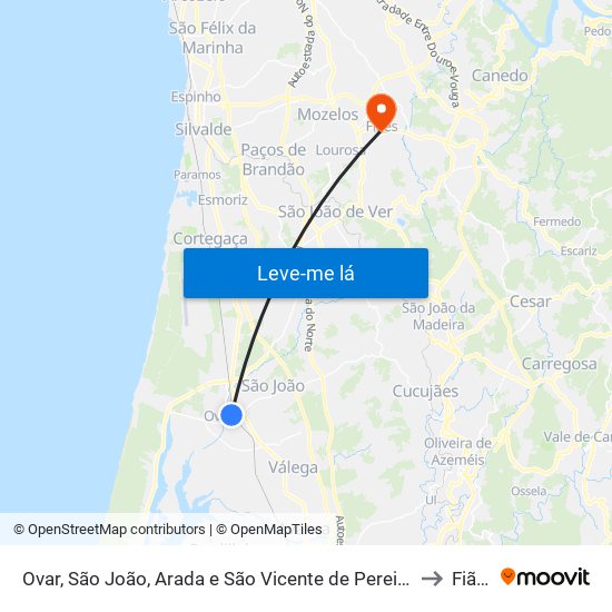 Ovar, São João, Arada e São Vicente de Pereira Jusã to Fiães map