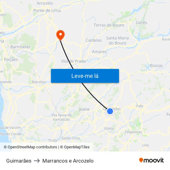 Guimarães to Marrancos e Arcozelo map