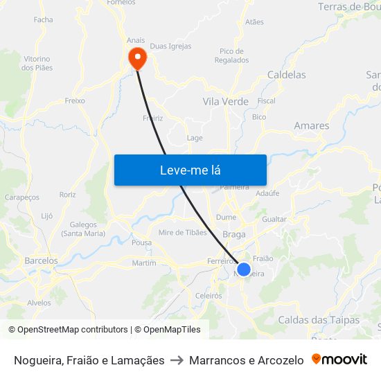 Nogueira, Fraião e Lamaçães to Marrancos e Arcozelo map