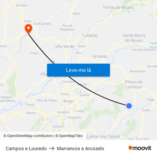 Campos e Louredo to Marrancos e Arcozelo map