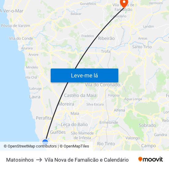 Matosinhos to Vila Nova de Famalicão e Calendário map