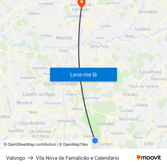 Valongo to Vila Nova de Famalicão e Calendário map