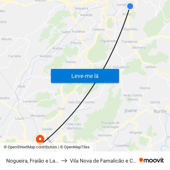 Nogueira, Fraião e Lamaçães to Vila Nova de Famalicão e Calendário map