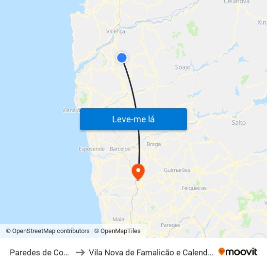 Paredes de Coura to Vila Nova de Famalicão e Calendário map