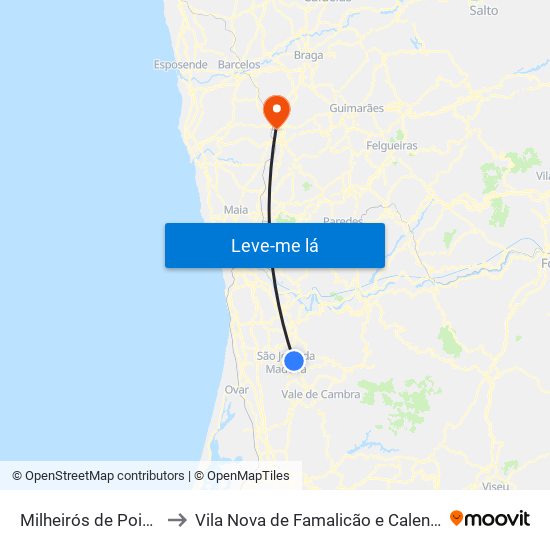 Milheirós de Poiares to Vila Nova de Famalicão e Calendário map