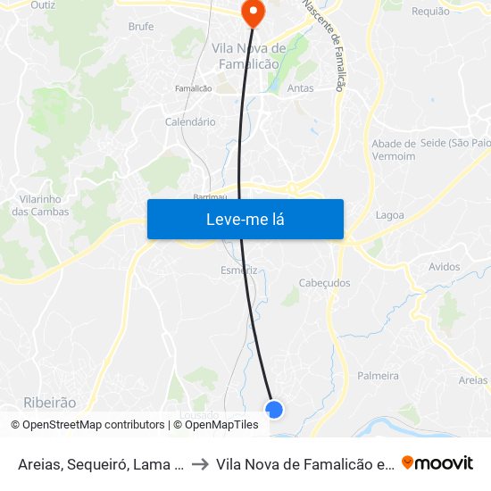 Areias, Sequeiró, Lama e Palmeira to Vila Nova de Famalicão e Calendário map