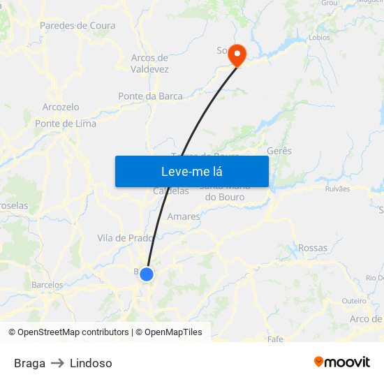 Braga to Lindoso map