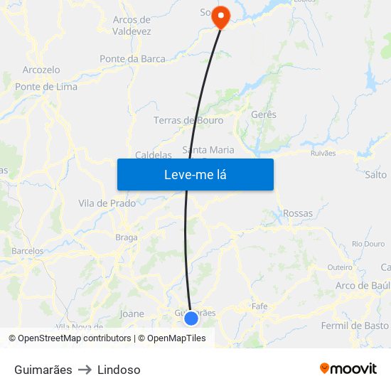Guimarães to Lindoso map