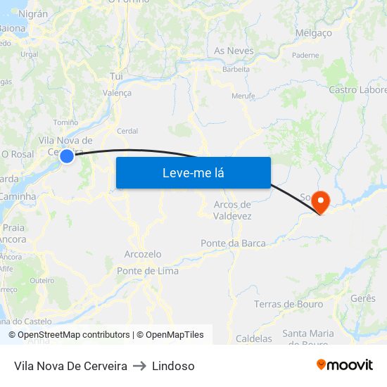 Vila Nova De Cerveira to Lindoso map