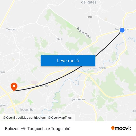 Balazar to Touguinha e Touguinhó map