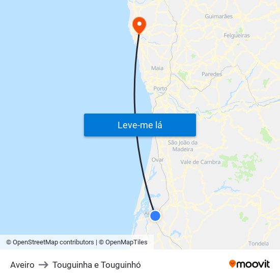 Aveiro to Touguinha e Touguinhó map