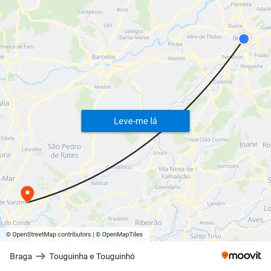Braga to Touguinha e Touguinhó map