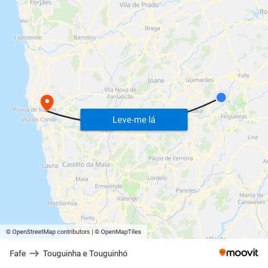 Fafe to Touguinha e Touguinhó map