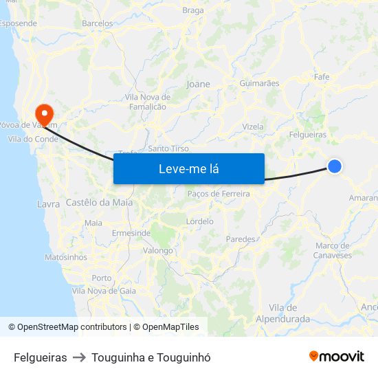 Felgueiras to Touguinha e Touguinhó map