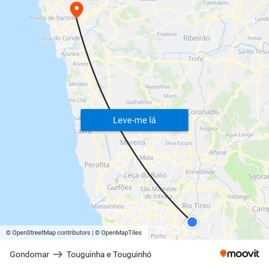 Gondomar to Touguinha e Touguinhó map