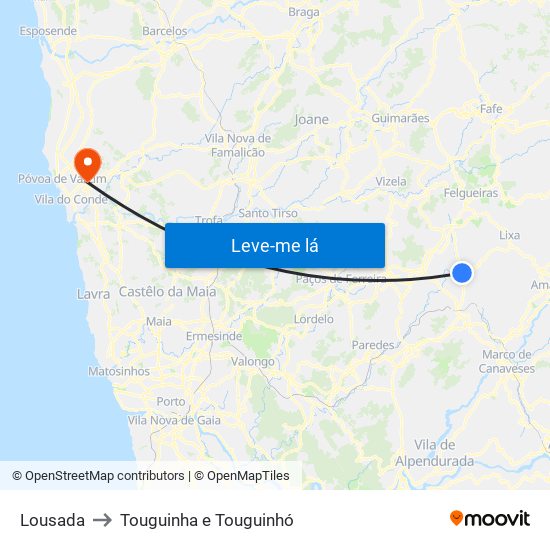 Lousada to Touguinha e Touguinhó map