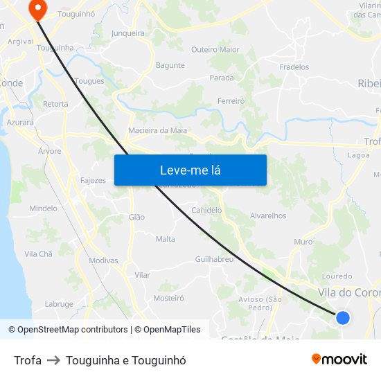 Trofa to Touguinha e Touguinhó map