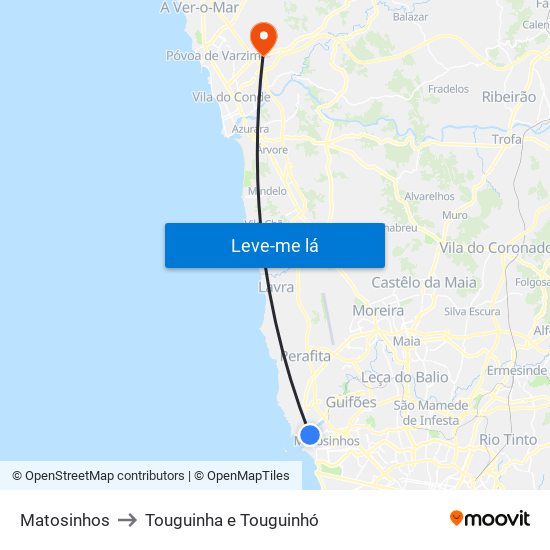 Matosinhos to Touguinha e Touguinhó map