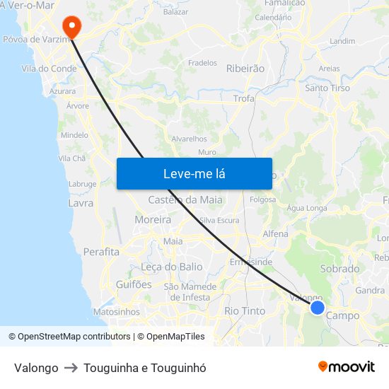 Valongo to Touguinha e Touguinhó map