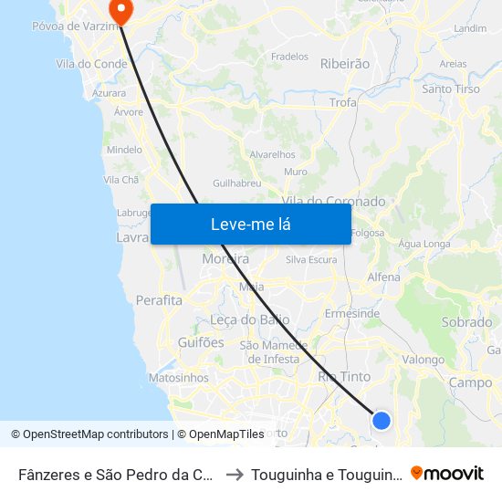 Fânzeres e São Pedro da Cova to Touguinha e Touguinhó map