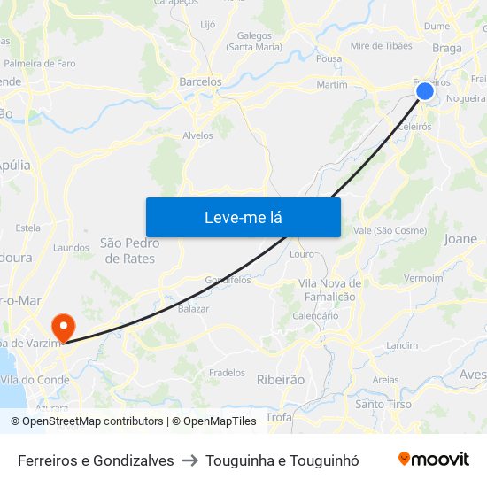 Ferreiros e Gondizalves to Touguinha e Touguinhó map