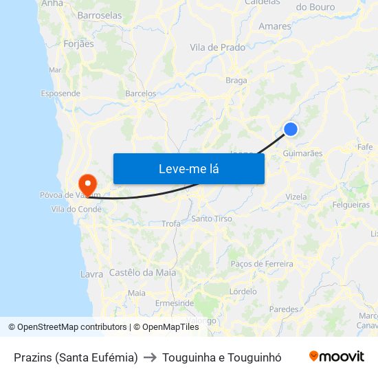 Prazins (Santa Eufémia) to Touguinha e Touguinhó map