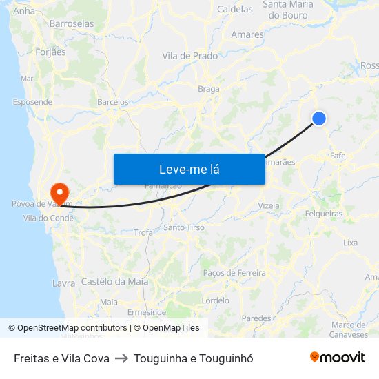 Freitas e Vila Cova to Touguinha e Touguinhó map
