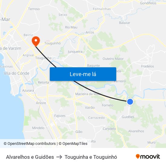 Alvarelhos e Guidões to Touguinha e Touguinhó map