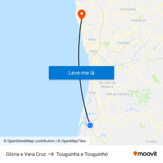 Glória e Vera Cruz to Touguinha e Touguinhó map