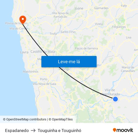 Espadanedo to Touguinha e Touguinhó map