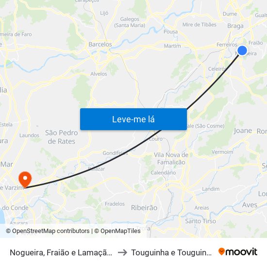 Nogueira, Fraião e Lamaçães to Touguinha e Touguinhó map