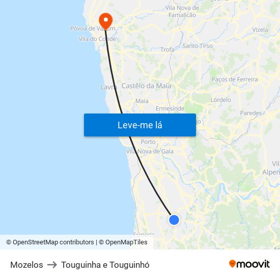 Mozelos to Touguinha e Touguinhó map