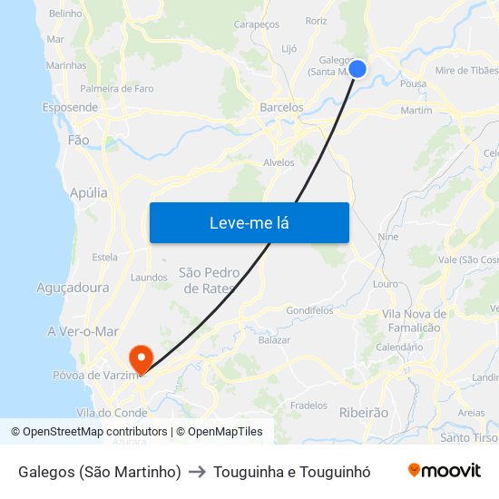 Galegos (São Martinho) to Touguinha e Touguinhó map