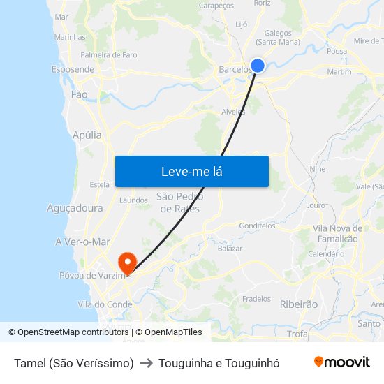 Tamel (São Veríssimo) to Touguinha e Touguinhó map