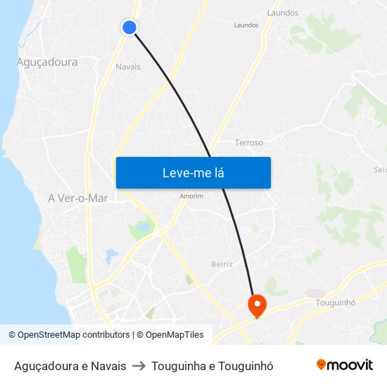 Aguçadoura e Navais to Touguinha e Touguinhó map