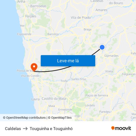 Caldelas to Touguinha e Touguinhó map