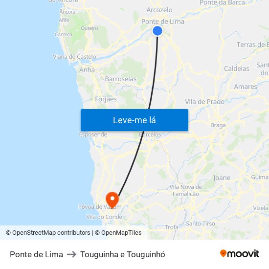 Ponte de Lima to Touguinha e Touguinhó map