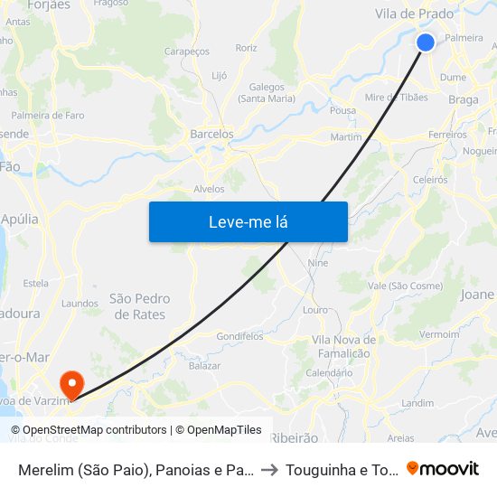 Merelim (São Paio), Panoias e Parada de Tibães to Touguinha e Touguinhó map