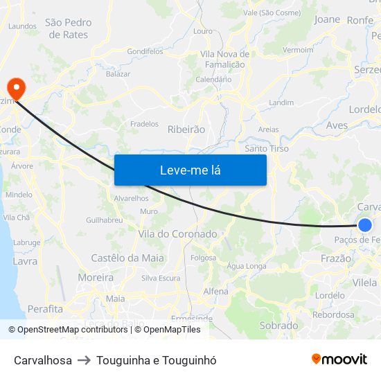 Carvalhosa to Touguinha e Touguinhó map